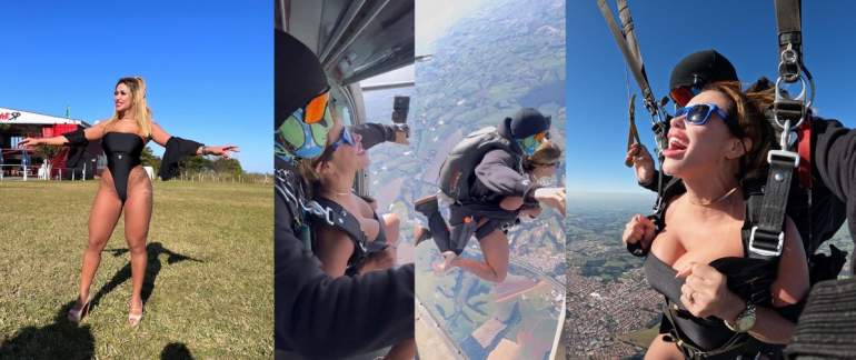 Модель OnlyFans прыгает с парашютом в купальнике и на шпильках