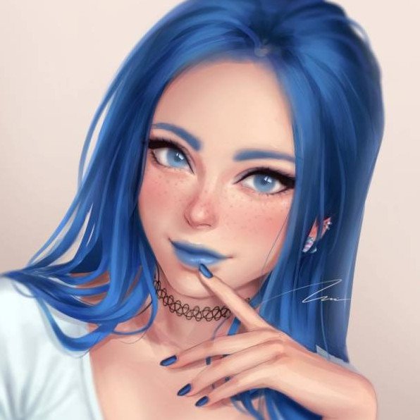 Смуглая красивая девушка с голубыми волосами на фото