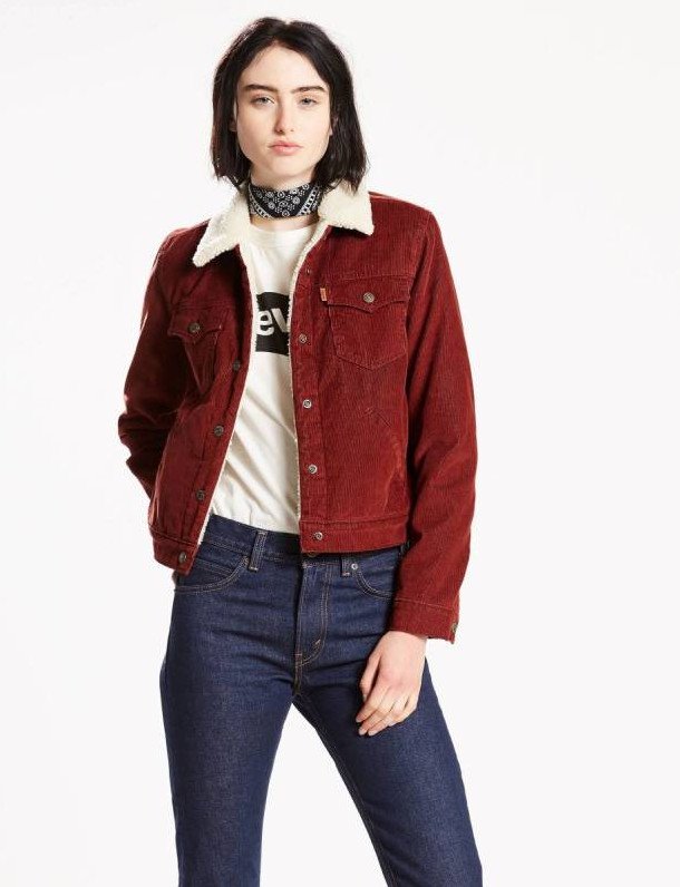 Стиль: Бордовая джинсовая куртка - фото идеи