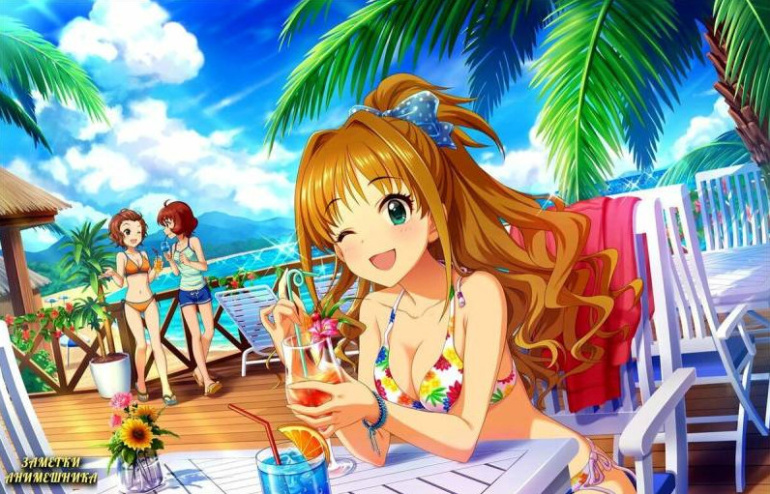 Красивый пляж с аниме девушками