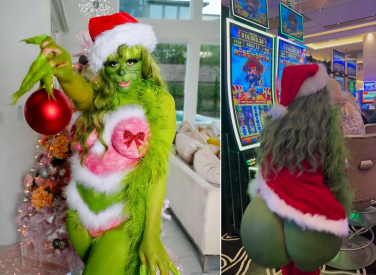 Модель для взрослых в нарисованном костюме Гринча