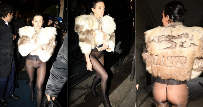 Бьянка Цензори в колготках без нижнего белья в Париже